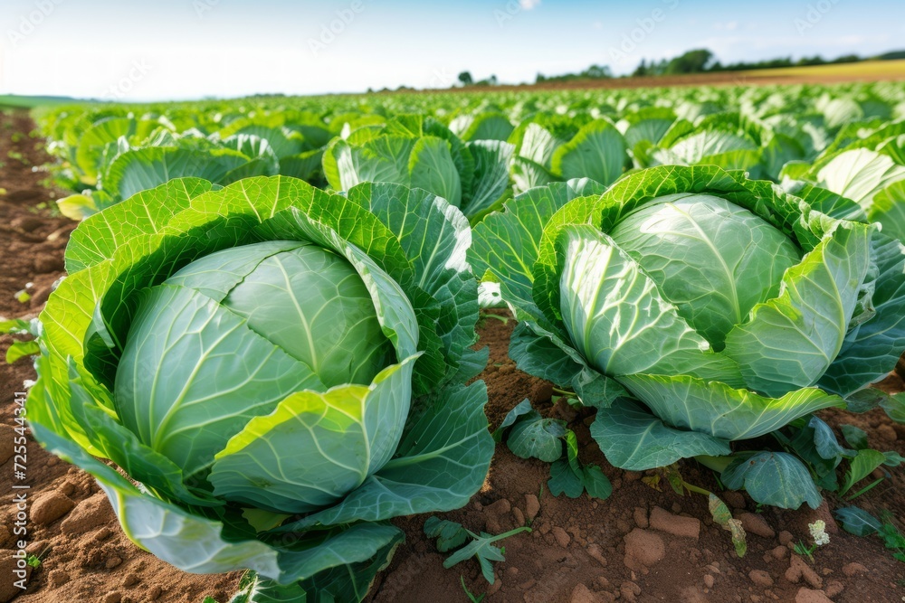 Obraz premium Close-up of green cabbages growing in a field