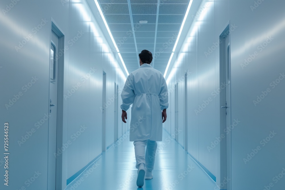 Scientist In Lab Coat Walks Down Hallway, Ready To Make Discoveries. Сoncept Scientific Research, Lab Experiments, Breakthrough Discoveries, Innovative Technologies, Cutting-Edge Innovations