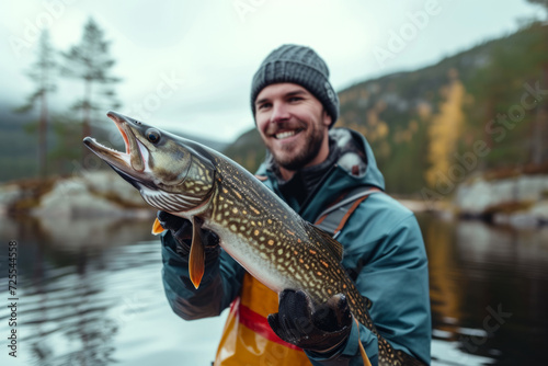 Skilled Fisherman Dons Proud Smile While Clutching Impressive Northern Pike Catch In Scandinavia. Сoncept Adventure Travel, Fishing Excursions, Nature Photography, Angler's Pride