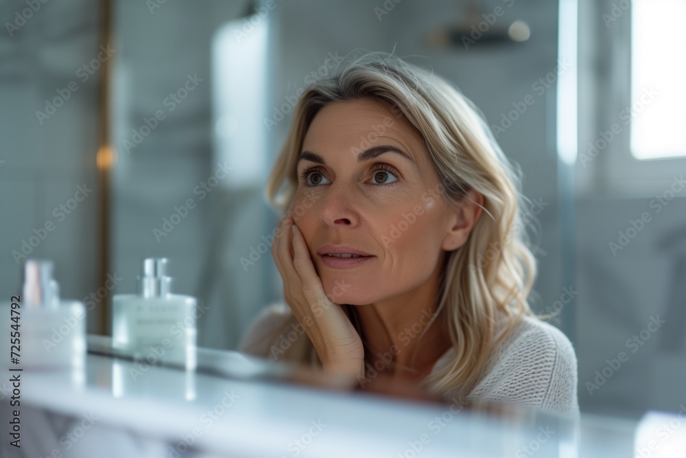 Stunning Mature Woman With Blonde Hair Admires Her Reflection In The Bathroom Mirror After Her Morning Skincare Routine Stunning Mature Woman With Blonde Hair Admires Her Reflection In The Bathroom Mirror After Her Morning Skincare Routine
