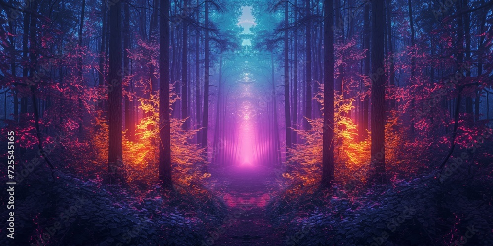 Fototapeta premium Vibrant, Enchanted Forest With Neon Lights Creates Mesmerizing Collage. Сoncept Glamorous Fashion Spreads, Urban Street Style, Dreamy Beach Landscapes, Architectural Wonders, Cozy Fall Foliage