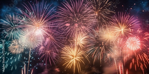 Vibrant Fireworks Illuminate The Night Sky, Celebrating The Joyous New Year. Сoncept Spectacular Firework Display, New Year's Eve Celebration