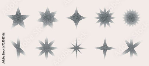 Stars shape black dot grain texture set. Stippling, dotwork pattern form. Vintage halftone effect trigon. Fading gradient. Vector illustration collection photo