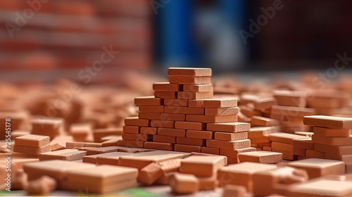building house - bricks and project for construction industry, Close up of industrial bricklayer installing bricks on construction site, Complete construction project, Generative Ai