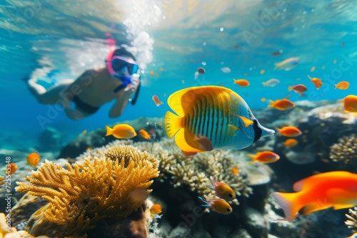 Picture of colorful fish being observed by a snorkeler in a natural coral reef  on a sunny summer day. 