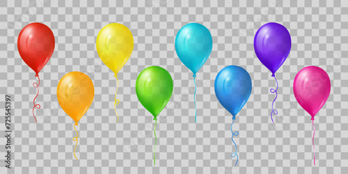 3d rainbow colored balloons for birthday party, anniversary celebration, festive decoration. Red, pink, yellow, green and blue inflatable balloons with helium and ribbons, vector cartoon illustration