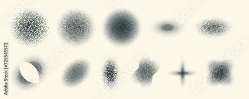Black dot Grain Texture different shapes set. Stippling, dotwork pattern oval form. Vintage y2k style element for design. Fading gradient. Vector illustration