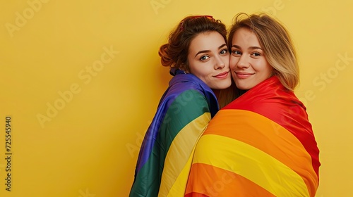 Two affectionate women wrapped in a rainbow flag against a yellow background.