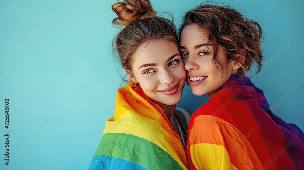 Two women sharing a joyful moment, wrapped in a rainbow flag against a blue background. Two women sharing a joyful moment, wrapped in a rainbow flag against a blue background.