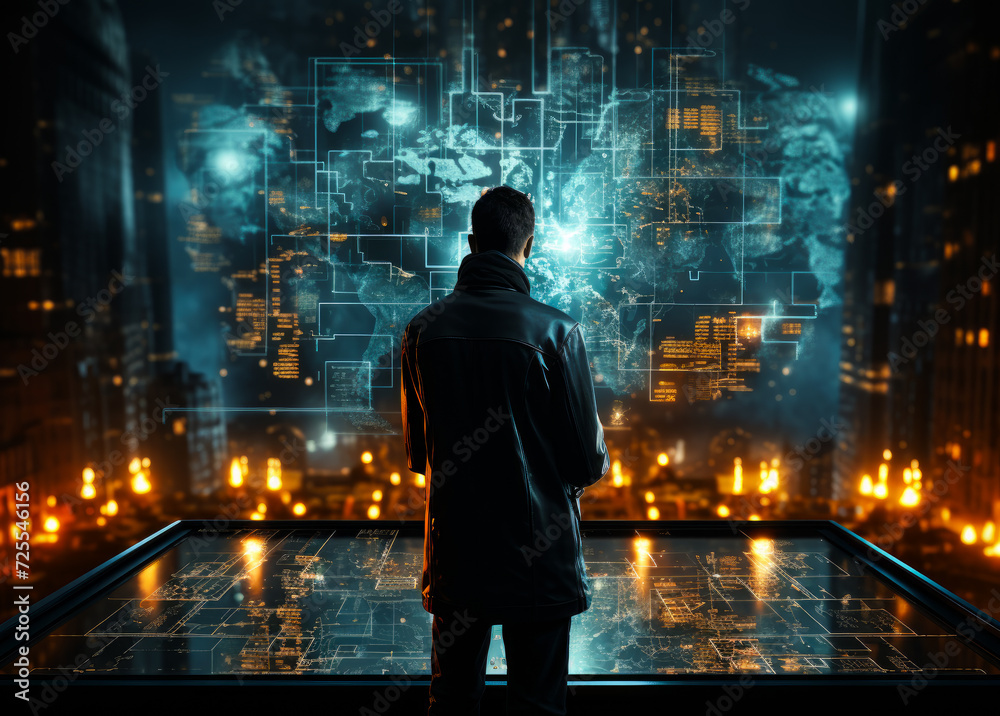 Naklejka premium Cyber man on a map at night. A man stands confidently in front of a bustling city, illuminated by the vibrant lights of the night.