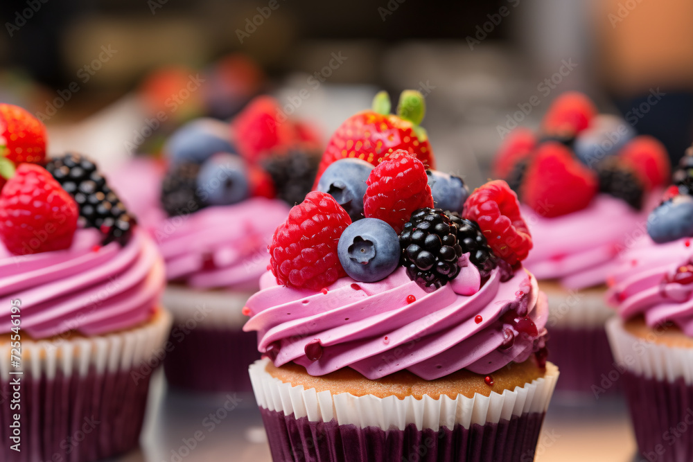 Fruit cupcakes with berry mix and pink frosting topping in pastry shop