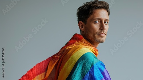 A side-glancing man draped in a rainbow flag on a neutral background. photo