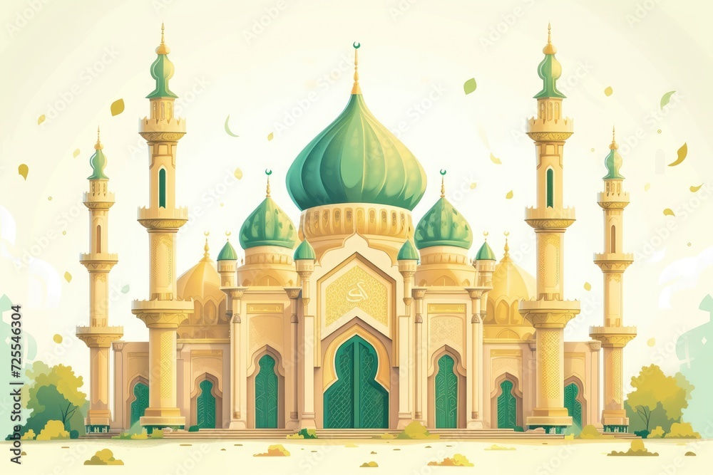 Background of ramadan. Painting of a mosque with a full moon suitable for religious events, Islamic holidays, travel websites, and cultural brochures.