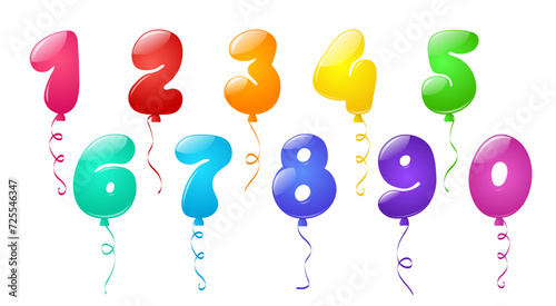 Balloons in number shapes for happy birthday, anniversary party or New Year. Holiday decoration with colorful digits balloons with ribbons isolated on white background, vector cartoon set