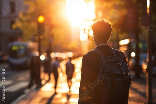 Businessman in the city. Back view of young man student standing on city street at sunrise