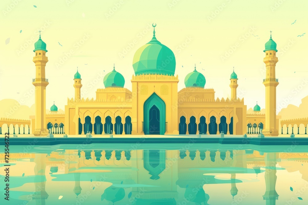 Background of ramadan. Painting of a mosque with a full moon suitable for religious events, Islamic holidays, travel websites, and cultural brochures.