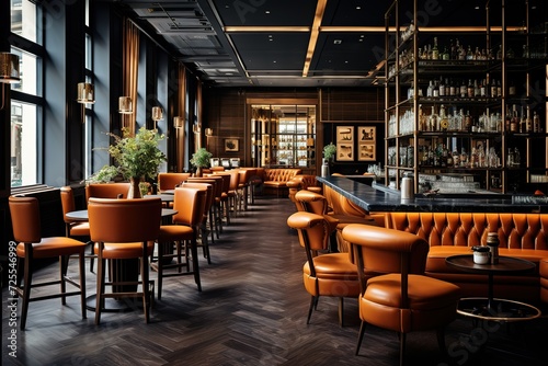 a modern bar with dark brown wood and leather seating