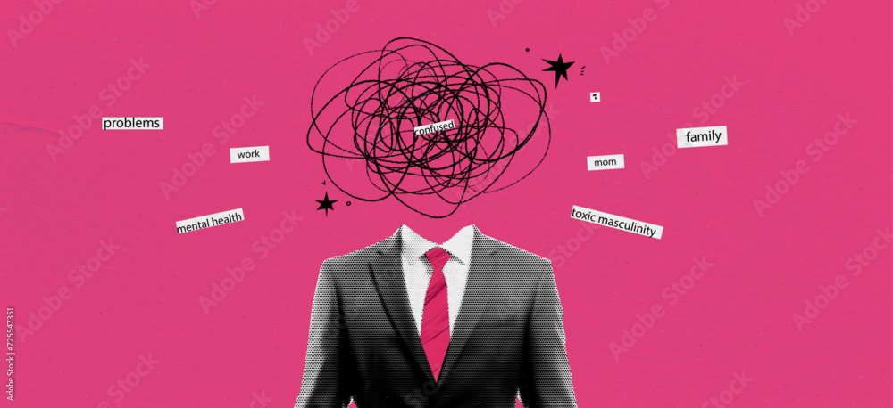 © annetdebar - Retro concept collage with depression businessman in suit on halftone effect style. Pop art with doodle elements. Paper pink background for design. Vector illustration