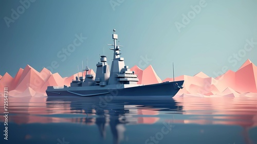 3D illustration of a warship with a minimalist background. generative ai photo