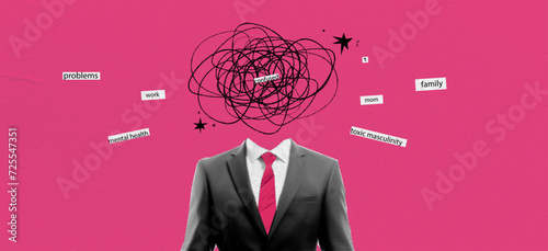 Retro concept collage with depression businessman in suit on halftone effect style. Pop art with doodle elements. Paper pink background for design. Vector illustration photo