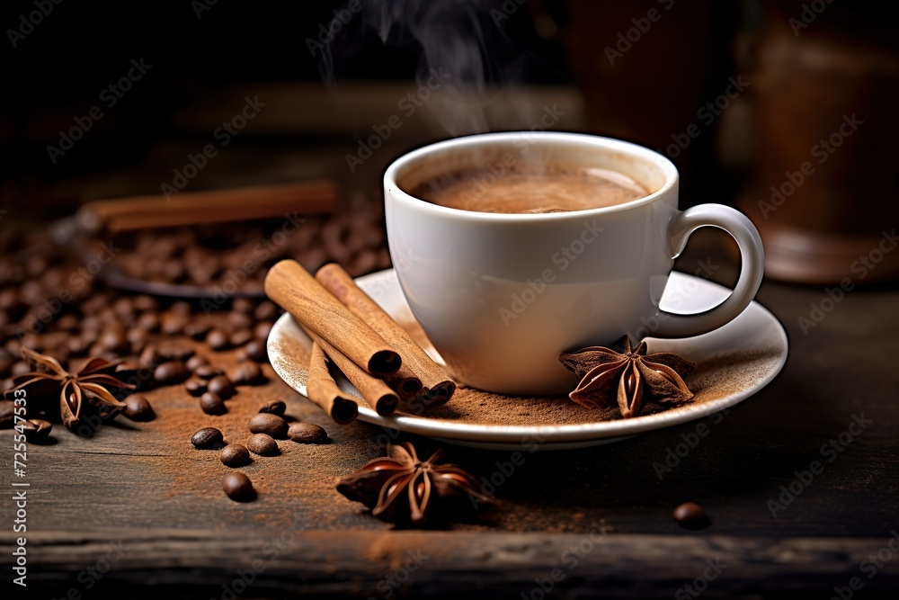 a close-up of a cup of coffee with cinnamon and anise a close-up of a cup of coffee with cinnamon and anise