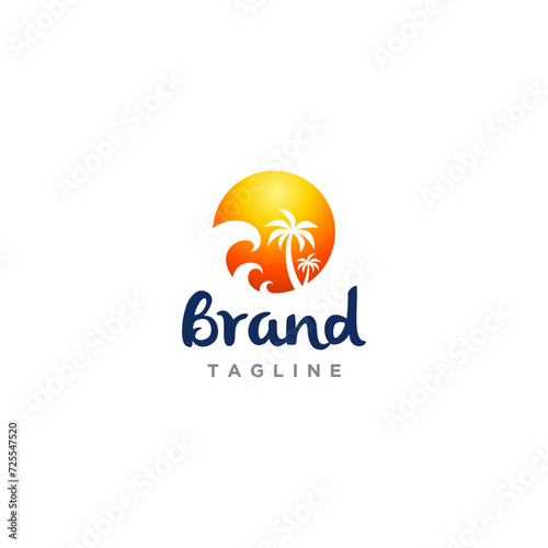 Beach Scene Inside Circle Logo Design. Waves And Coconut Trees In Round Logo Design.