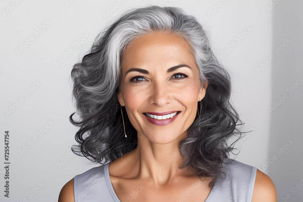 Fototapeta premium Portrait of gorgeous happy middle aged mature woman smiling and looking at camera isolated on white. Middle age skincare cosmetics, cosmetology concept. Ads of lifting anti wrinkle skin care. 
