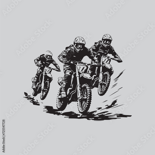 Motocross particles. Motocross competition. Three motorcyclists race Stock Vector
