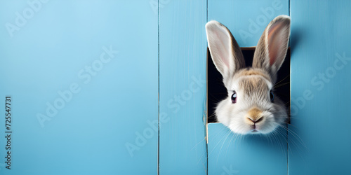  Bunny peeking out of a hole in blue wall fluffy eared bunny easter bunny banner rabbit jump out torn hole