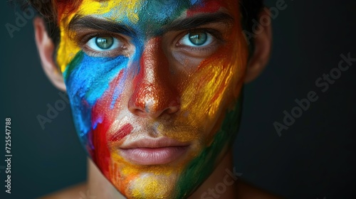 Close-up of a young man with colorful rainbow paint on his face.