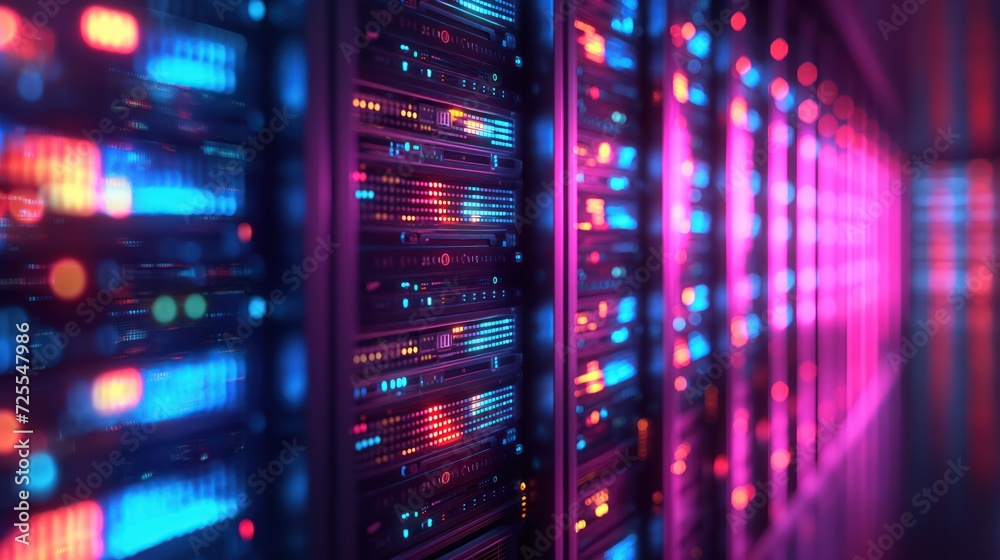 Hi-tech data storage server hallway, cloud computing neon glowing design. AI generated