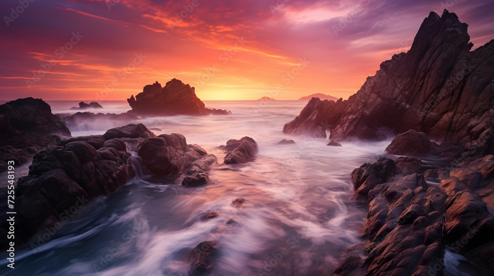 Long exposure of the sea and rocks at sunset. Beautiful seascape.