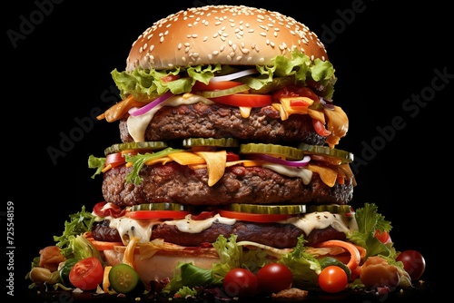 large hamburger stuffed with salad and onions vegetables objects