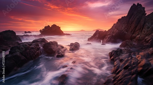 Long exposure of the sea and rocks at sunset. Beautiful seascape.