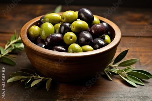olives, mint, and oil on a brown wooden bowl 