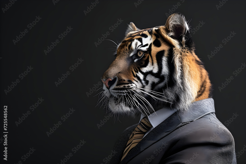 Tiger animal in a business suits at the studio on isolated background, Generative Ai