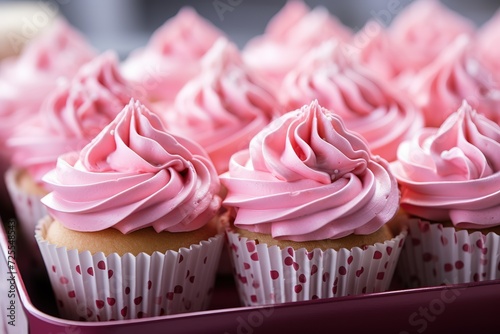 many cupcakes in a pink box with pink frosting