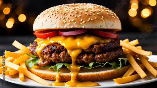 hamburger with fries photo