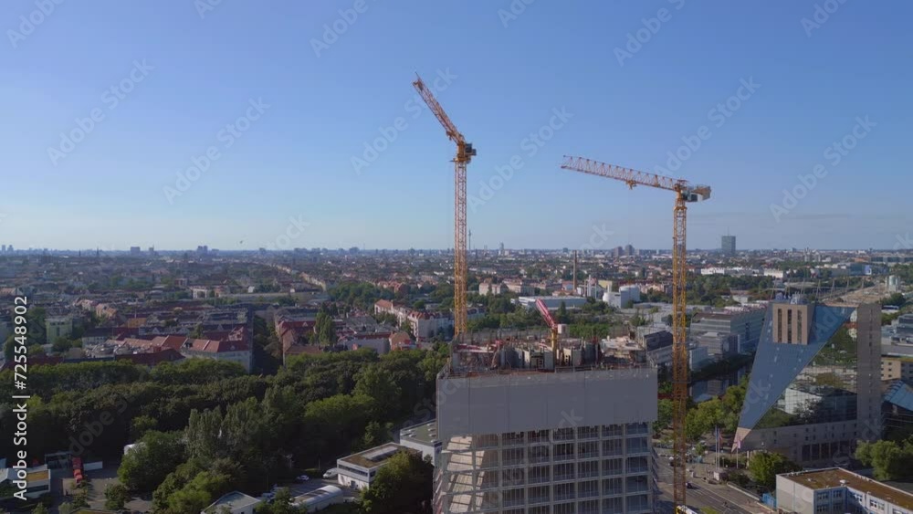Berlin Hotel skyscraper during construction Majestic aerial view flight drone Berlin Hotel skyscraper during construction Majestic aerial view flight drone