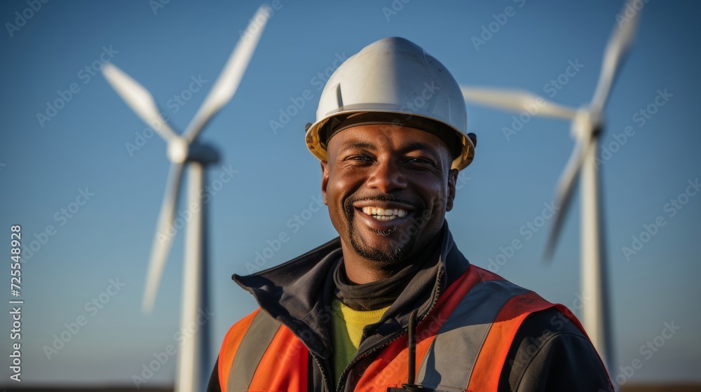 Engineer smiling at wind farm dedicated to renewable energy advances Engineer smiling at wind farm dedicated to renewable energy advances