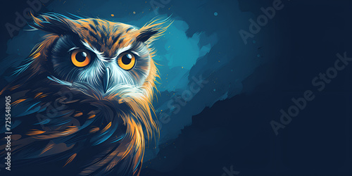 Funny owl portrait against dark night background eagleowl head detail banner
 photo