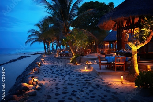 tropical beach at Sunset Resort with dinner lights