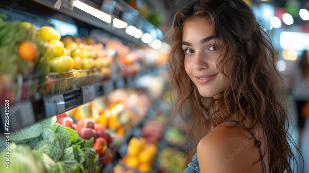 Portrait Of Millennial Lady Buying Food Groceries Walking In Supermarket With Trolley Cart. 