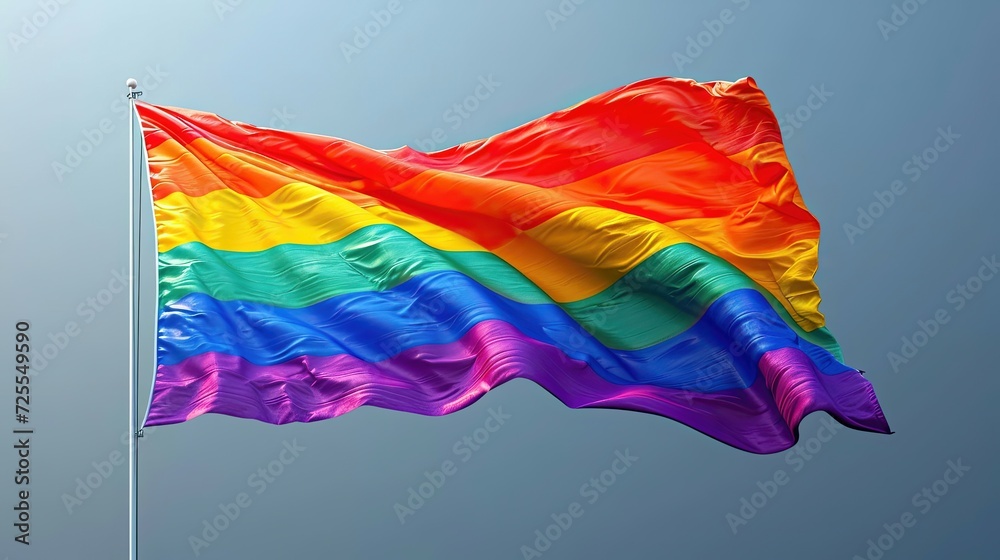 Large rainbow pride flag waving against a blue sky. Large rainbow pride flag waving against a blue sky.