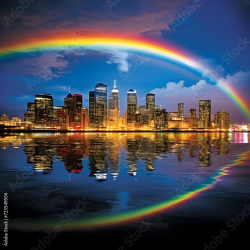 Rainbow over Chicago skyline with reflection on Lake Michigan, Illinois, USA