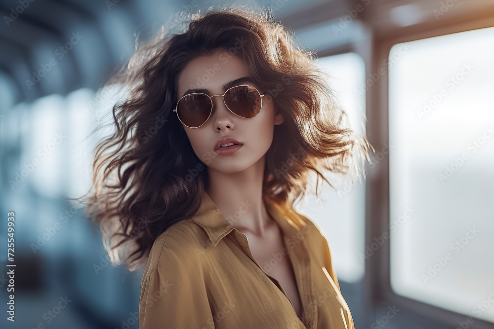 woman wearing a yellow shirt, stands in a well-lit corridor with windows, hair flowing freely, ai generative woman wearing a yellow shirt, stands in a well-lit corridor with windows, hair flowing freely, ai generative