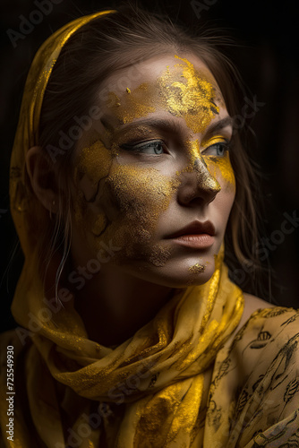 woman wearing a golden scarf and a patterned garment, stands in dim lighting, creating an air of mystery, ai generative