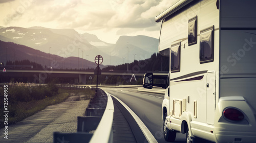 Experience the thrill of an RV journey with this dynamic image capturing a recreational vehicle driving down the highway. The open road symbolizes endless adventure, inviting viewers to envision the e