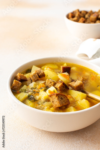Pea soup with fried croutons, healthy bean soup