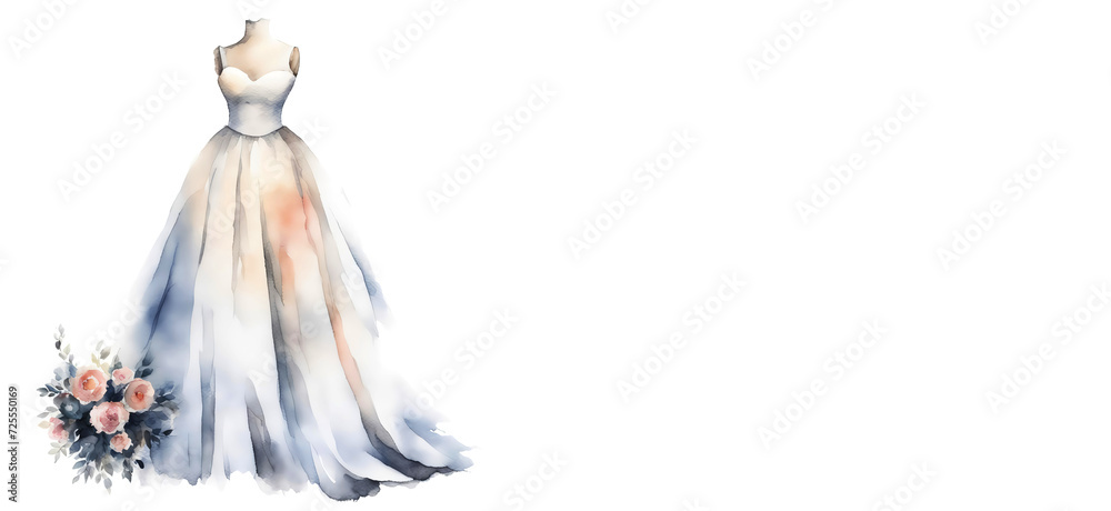 stylish, women's wedding dress. watercolor illustration. artificial intelligence generator, AI, neural network image. background for the design. stylish, women's wedding dress. watercolor illustration. artificial intelligence generator, AI, neural network image. background for the design.